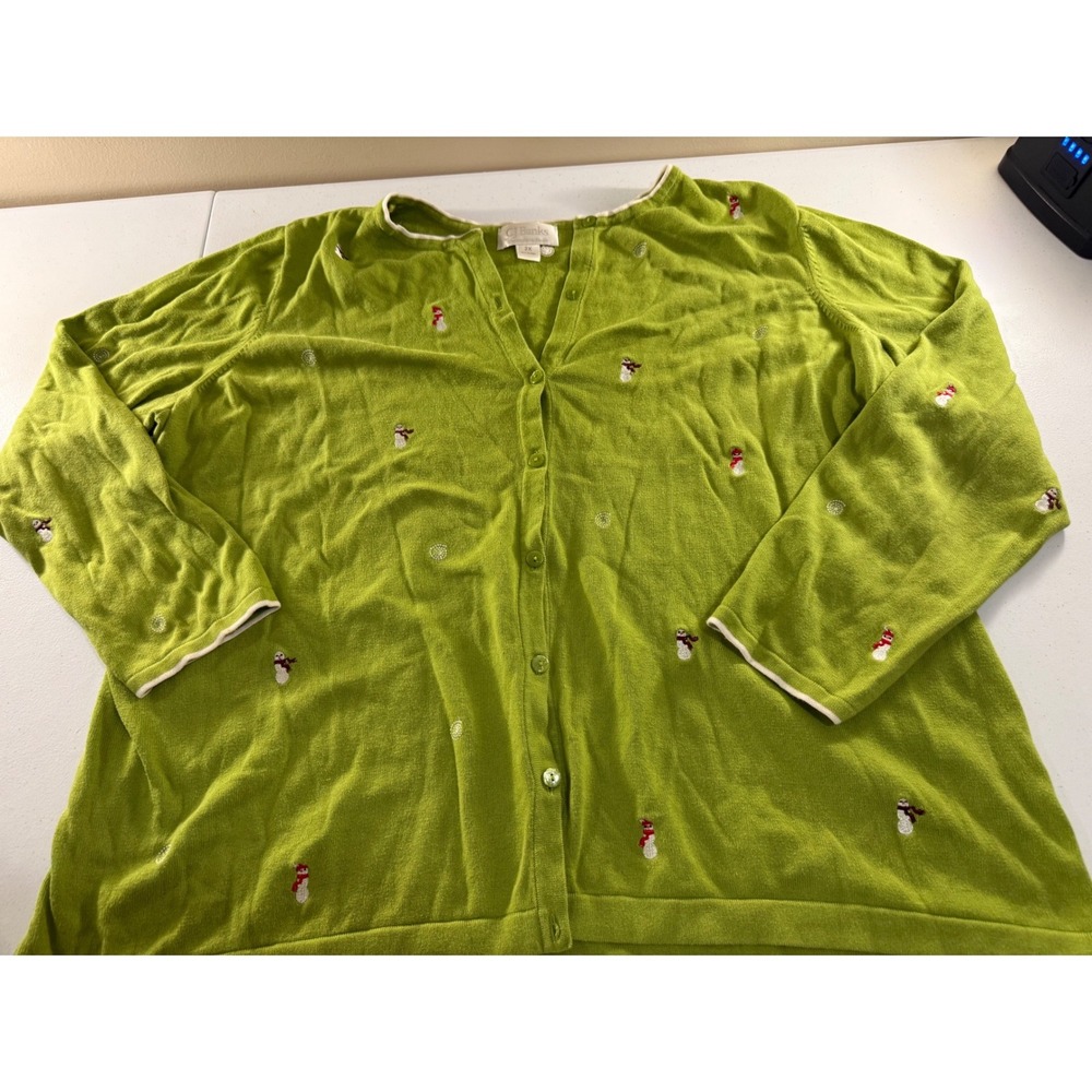 CJ Banks Lime Green Snowman Embroidered Cotton Cardigan Sweater 2X Holiday